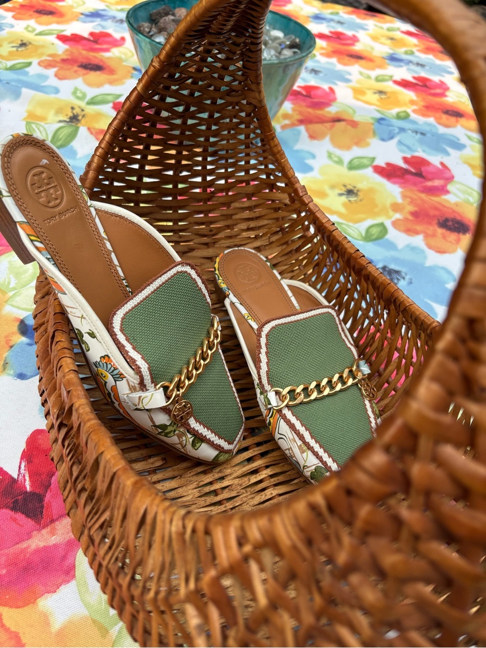 Tory Burch Olive Green Canvas Chain-Trim Slide Mules